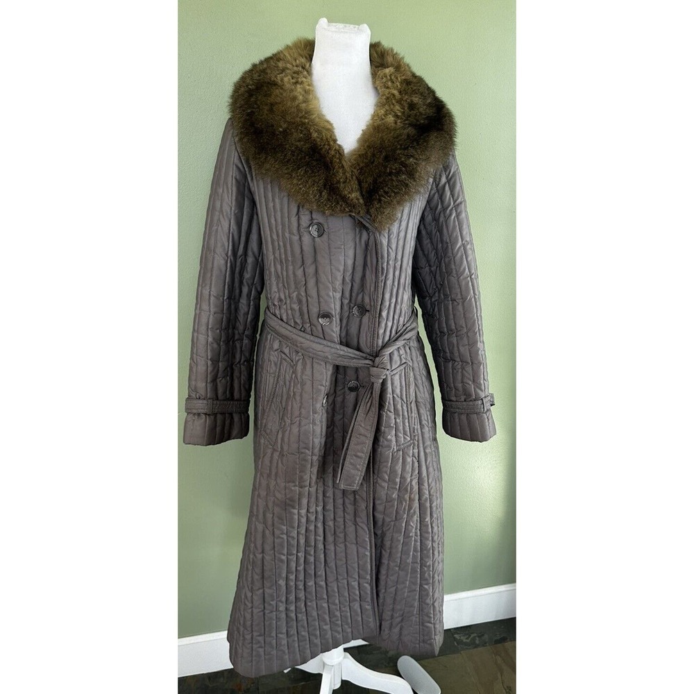 Fleet Street Coat Long Possum Fur Collar Double Breasted Trench Sz Large 12 14‌‌